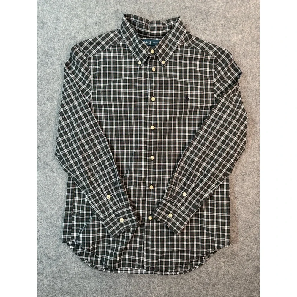 Ralph Lauren Kids Green Plaid Button Down Shirt Size L 14-16 Long Sleeve Cotton